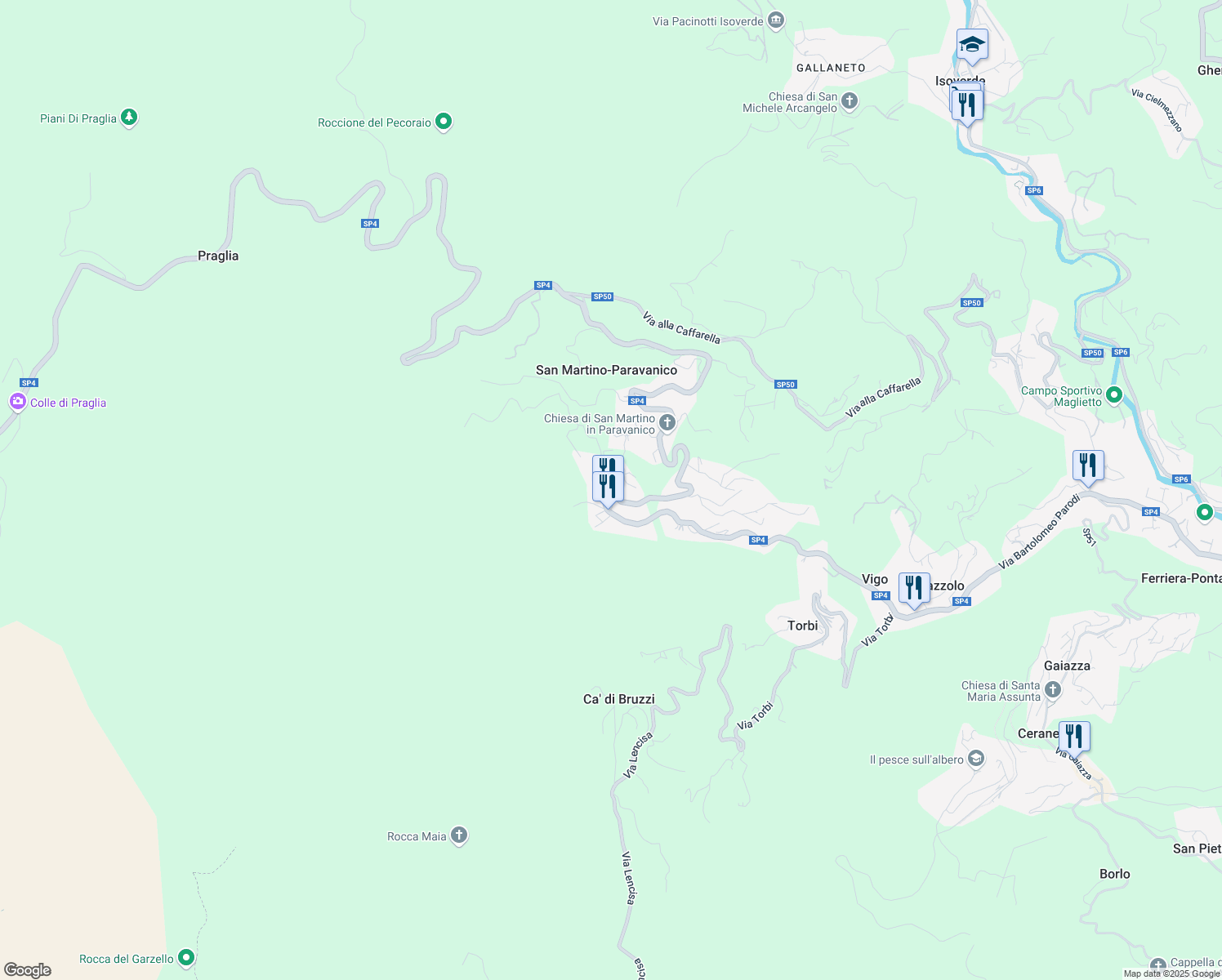 map of restaurants, bars, coffee shops, grocery stores, and more near Strada Provinciale 4 in San Martino di Paravanico