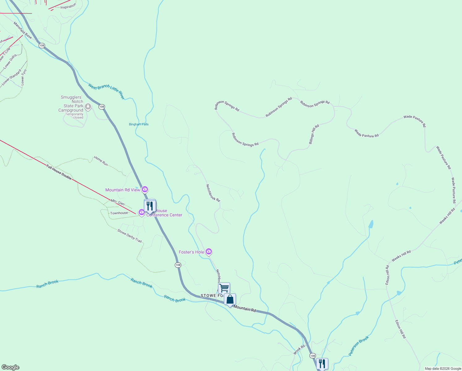 map of restaurants, bars, coffee shops, grocery stores, and more near 159 Maple Road in Stowe