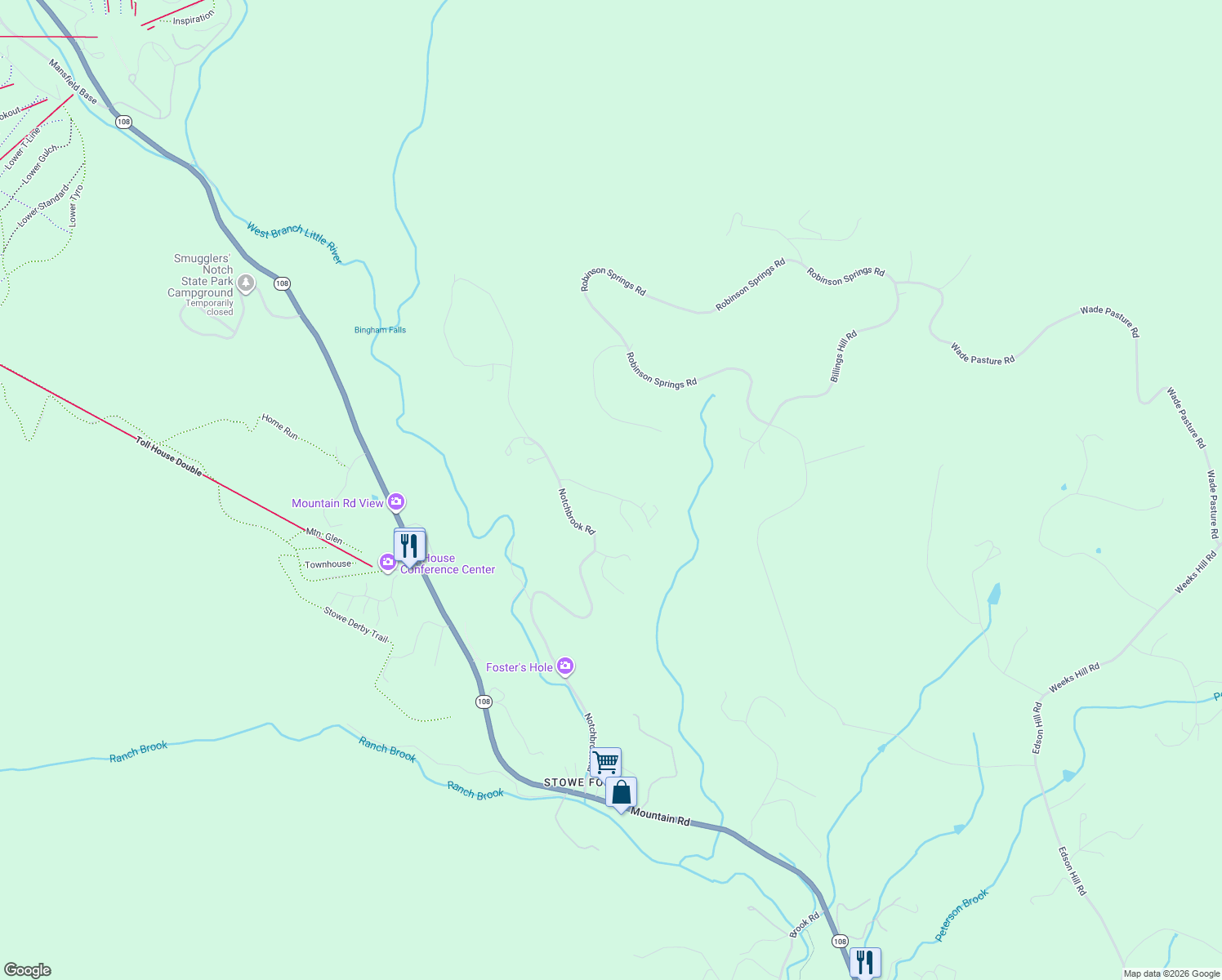 map of restaurants, bars, coffee shops, grocery stores, and more near 159 Maple Road in Stowe