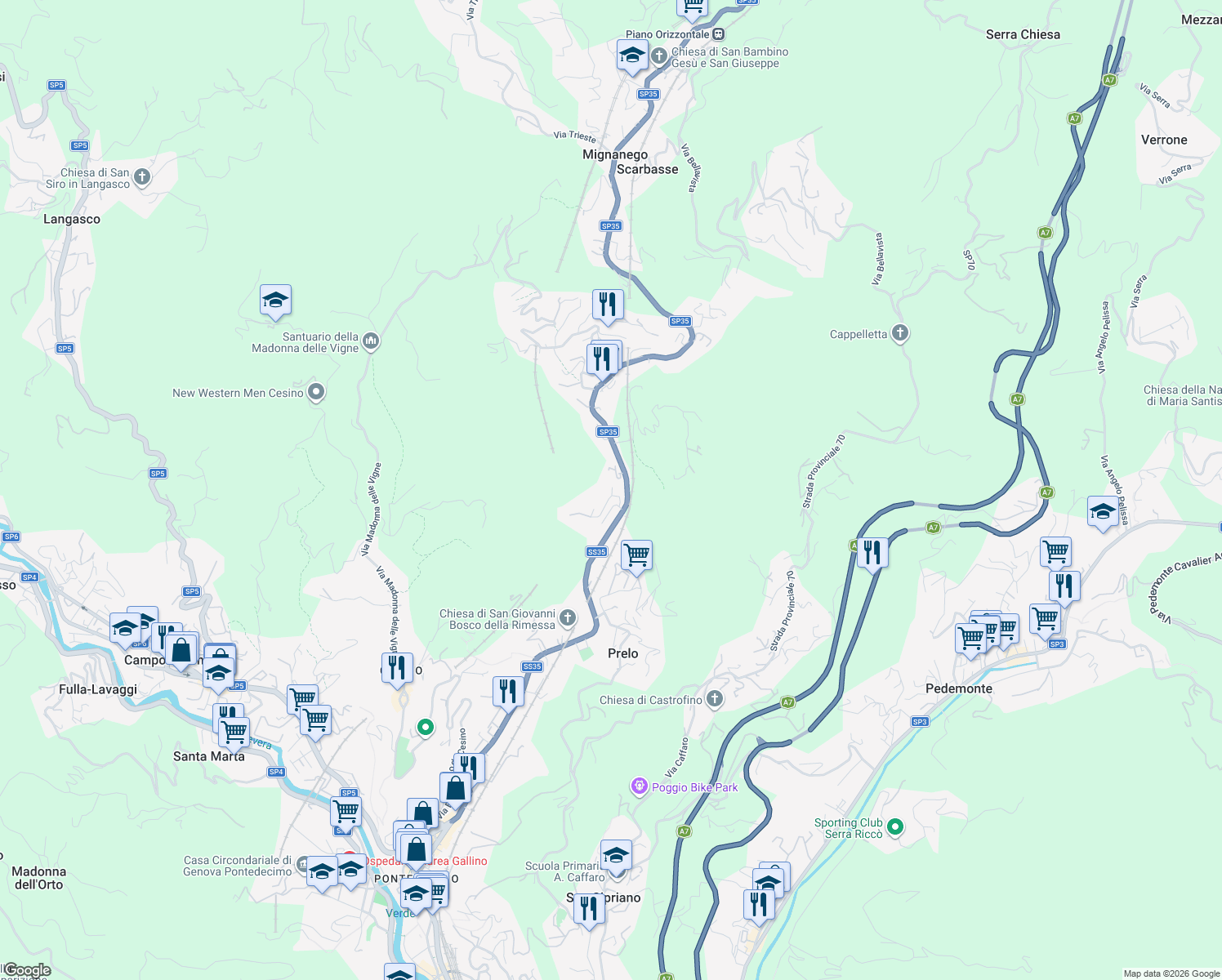 map of restaurants, bars, coffee shops, grocery stores, and more near 18 Via Giuseppe Garibaldi in Mignanego