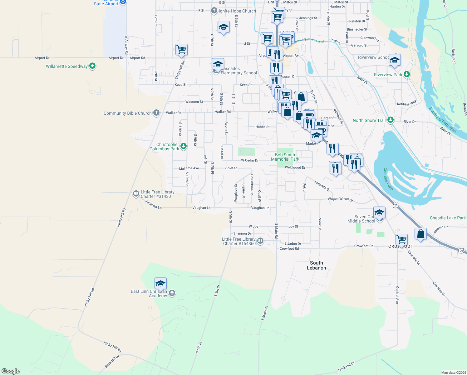 map of restaurants, bars, coffee shops, grocery stores, and more near 3211 Foxglove St in Lebanon
