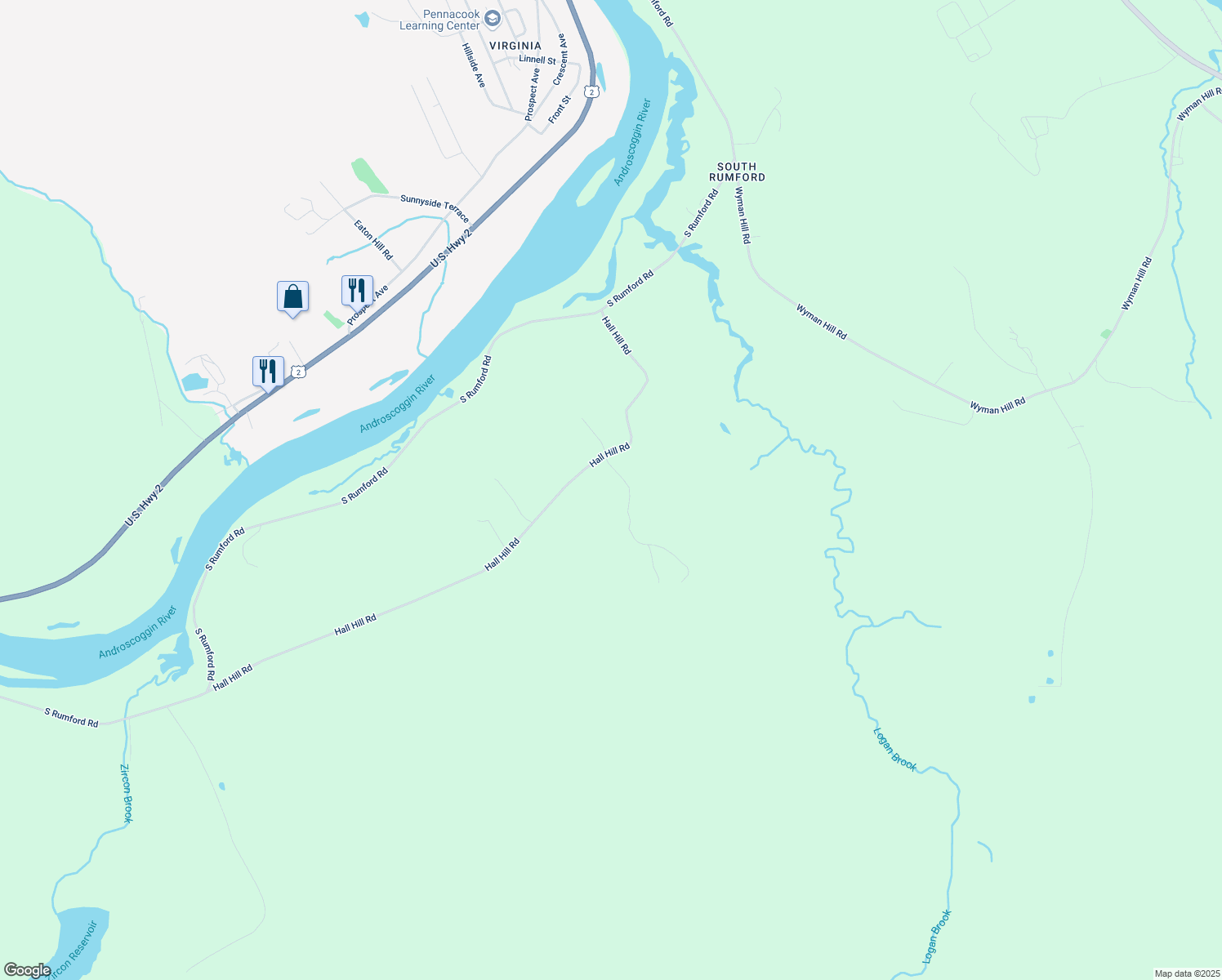 map of restaurants, bars, coffee shops, grocery stores, and more near 53 Hall Hill Road in Rumford
