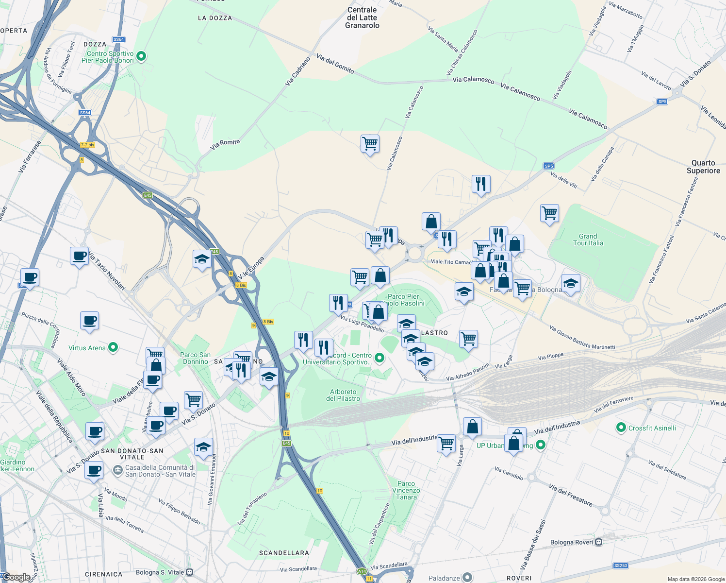map of restaurants, bars, coffee shops, grocery stores, and more near 162 Via San Donato in Bologna