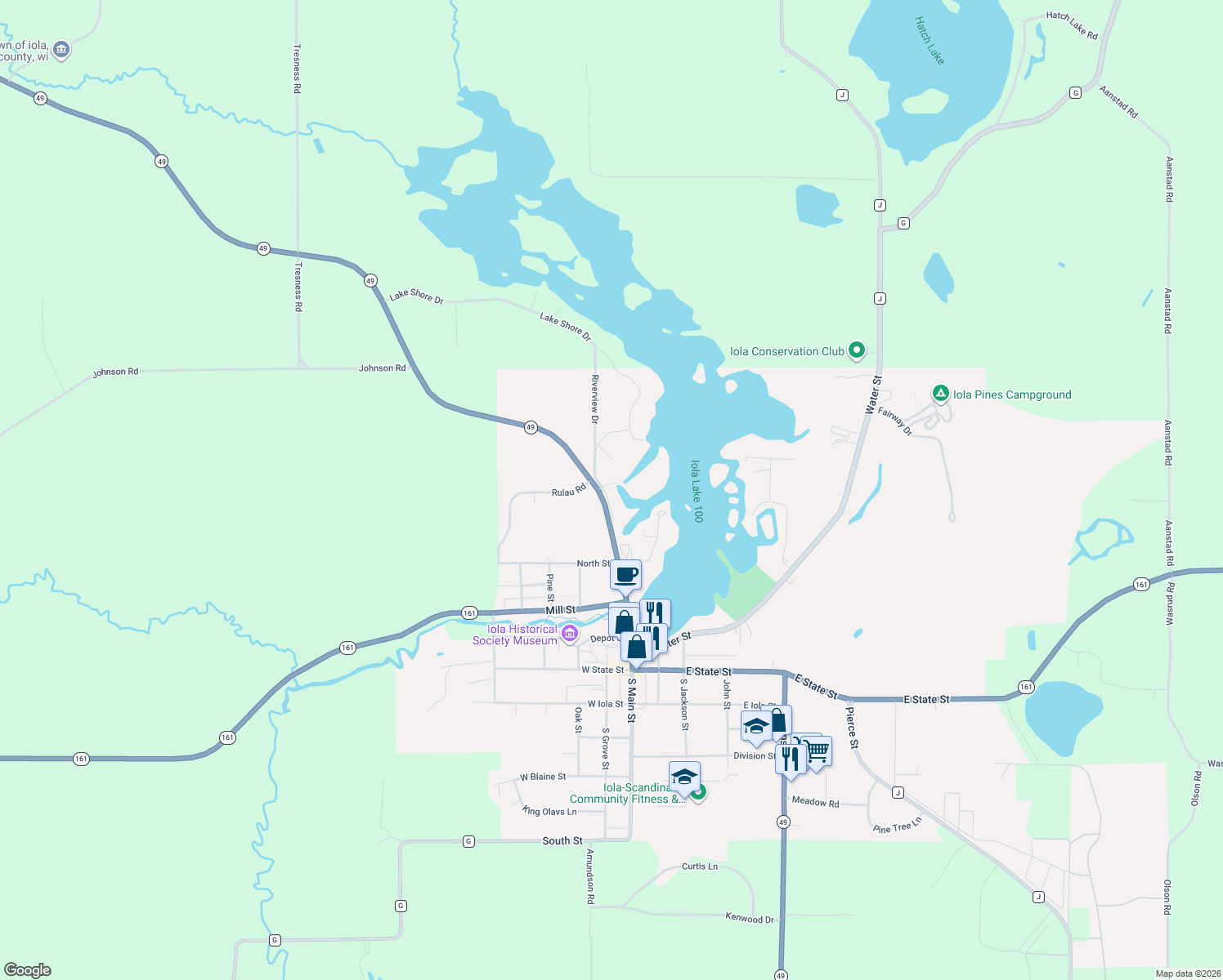 map of restaurants, bars, coffee shops, grocery stores, and more near 140 Frontage Road in Iola