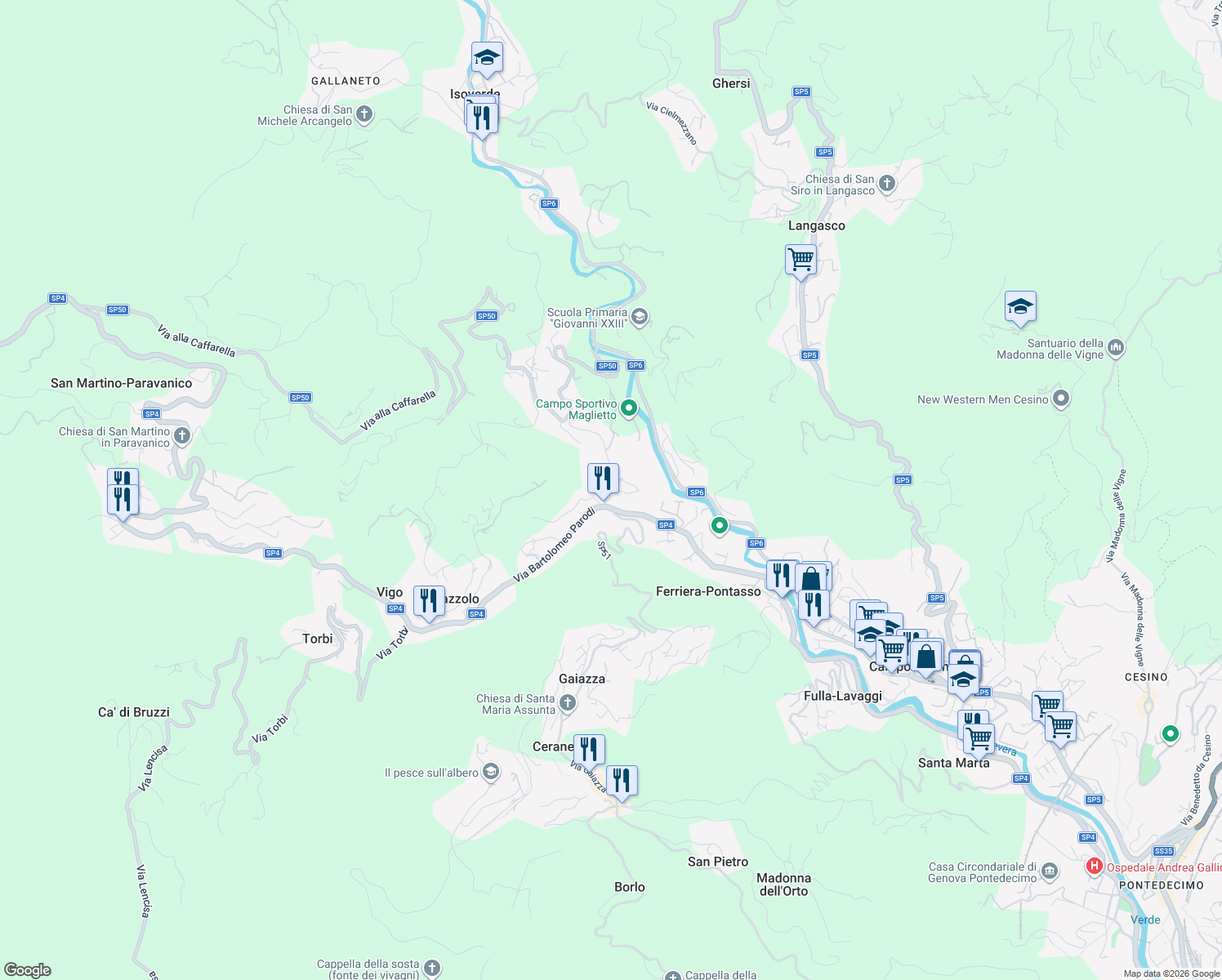 map of restaurants, bars, coffee shops, grocery stores, and more near 2 Via Montagnola in Campomorone