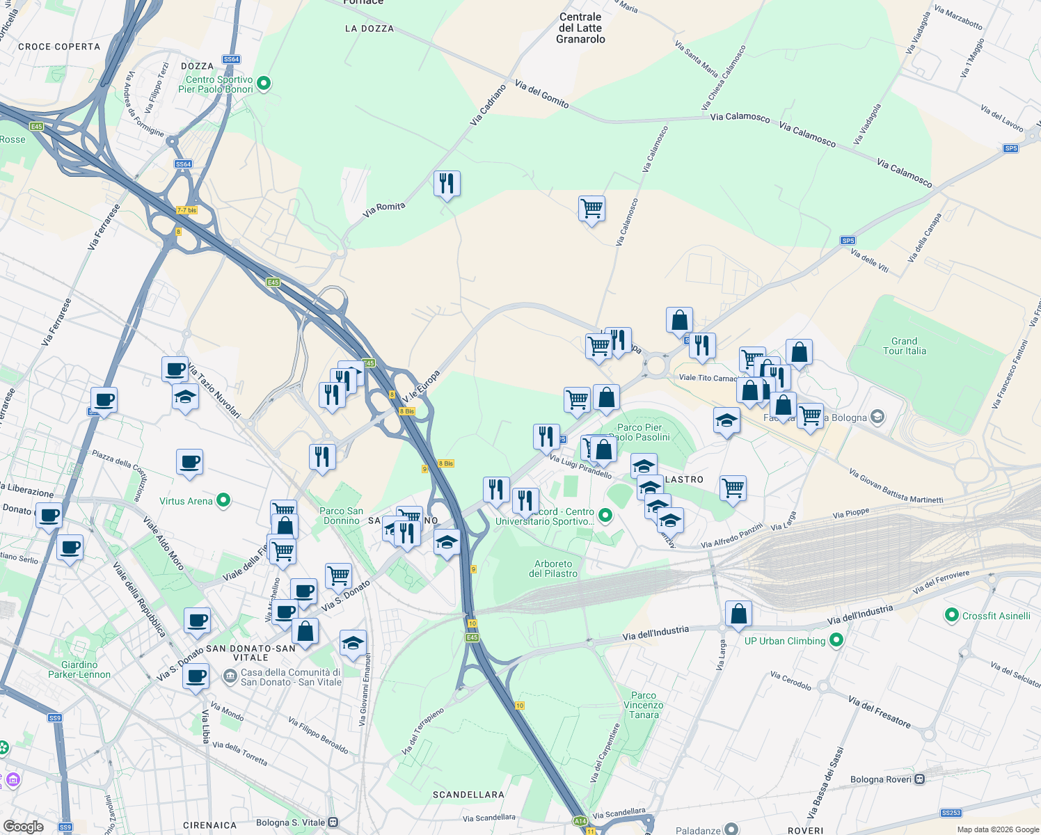 map of restaurants, bars, coffee shops, grocery stores, and more near 162 Via San Donato in Bologna