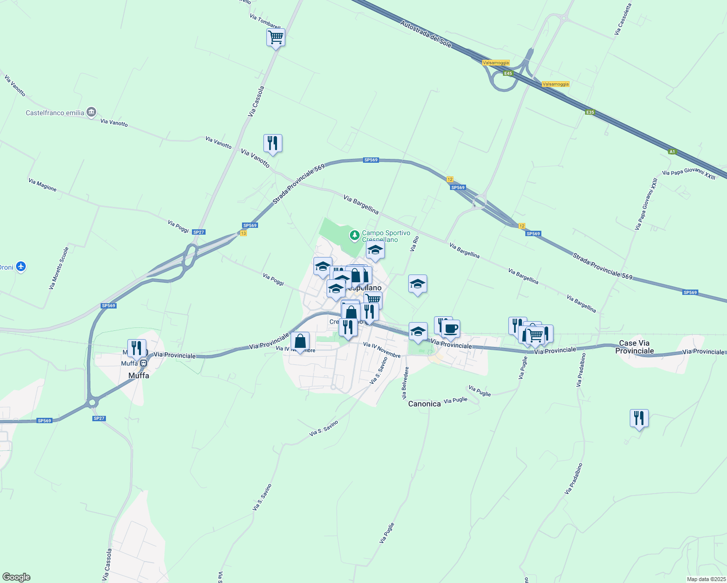 map of restaurants, bars, coffee shops, grocery stores, and more near 999 Via Cesare Lenzarini in Crespellano