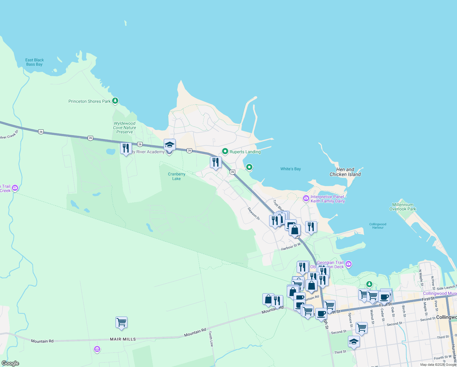 map of restaurants, bars, coffee shops, grocery stores, and more near 35 Dawson Drive in Collingwood