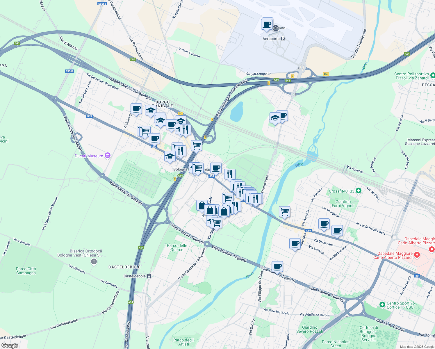 map of restaurants, bars, coffee shops, grocery stores, and more near 431 Via Emilia Ponente in Bologna
