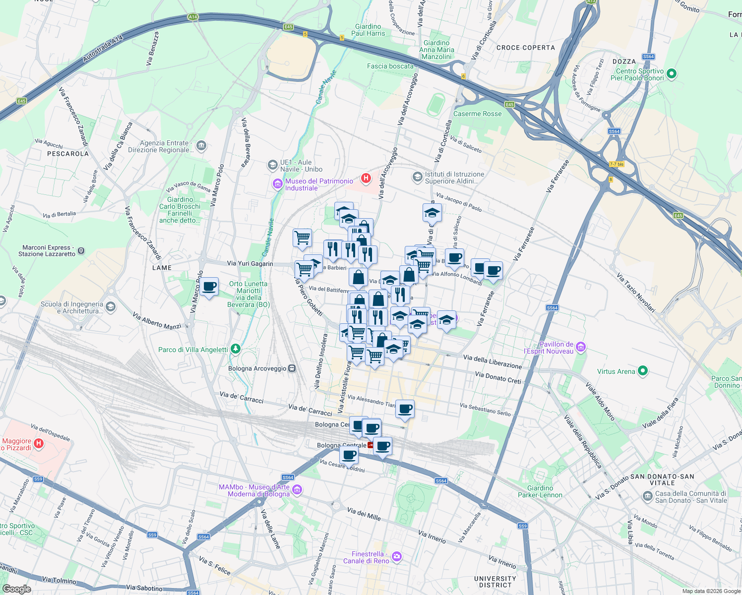 map of restaurants, bars, coffee shops, grocery stores, and more near 63 C Via Lionello Spada in Bologna