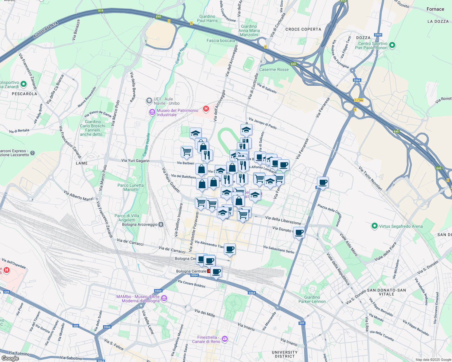 map of restaurants, bars, coffee shops, grocery stores, and more near 27 Via Lionello Spada in Bologna