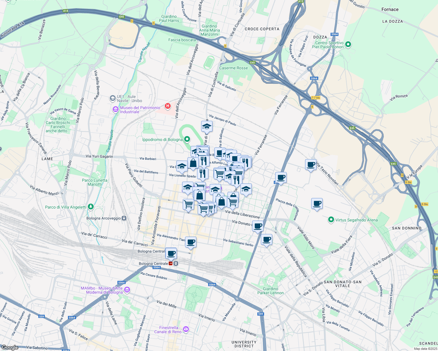 map of restaurants, bars, coffee shops, grocery stores, and more near 21 Via di Saliceto in Bologna