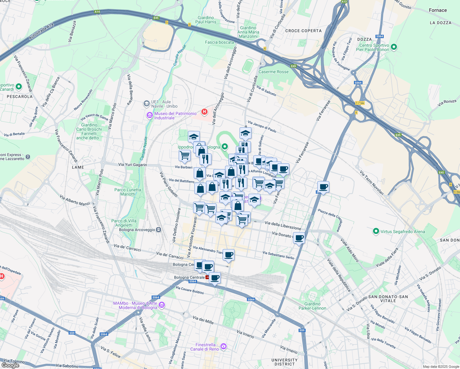 map of restaurants, bars, coffee shops, grocery stores, and more near 27 Via Lionello Spada in Bologna