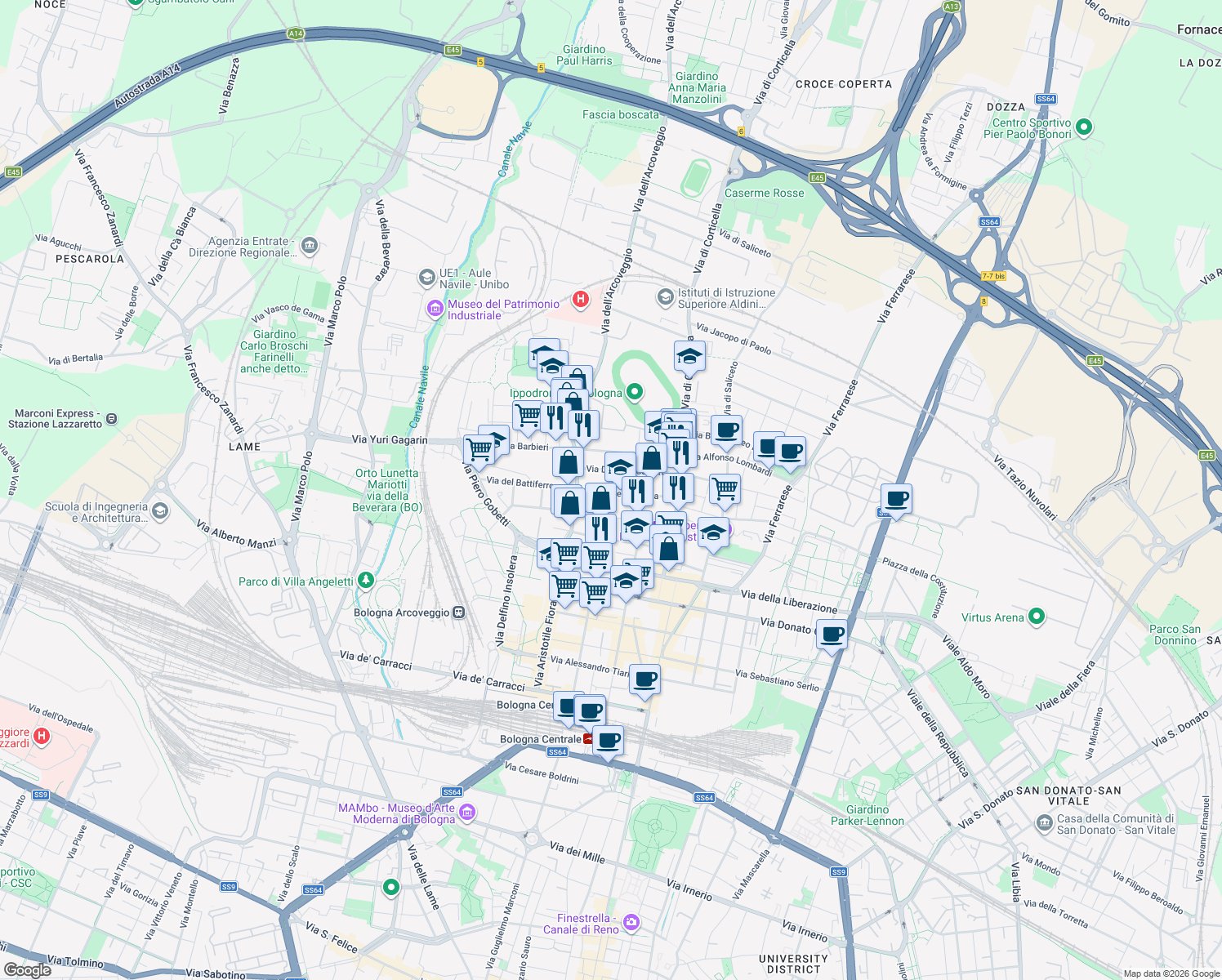 map of restaurants, bars, coffee shops, grocery stores, and more near 47 Via Lionello Spada in Bologna