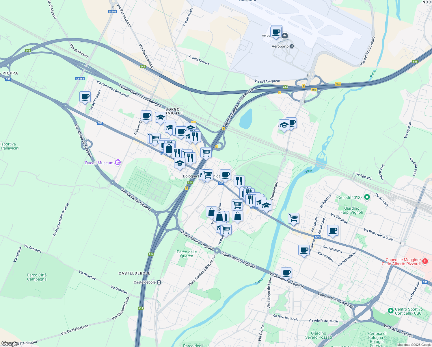 map of restaurants, bars, coffee shops, grocery stores, and more near 3 Via Arnaldo da Brescia in Bologna