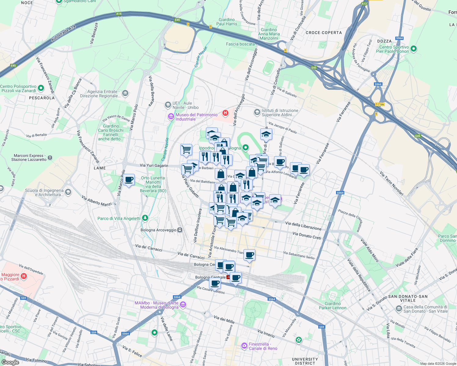 map of restaurants, bars, coffee shops, grocery stores, and more near 63 C Via Lionello Spada in Bologna