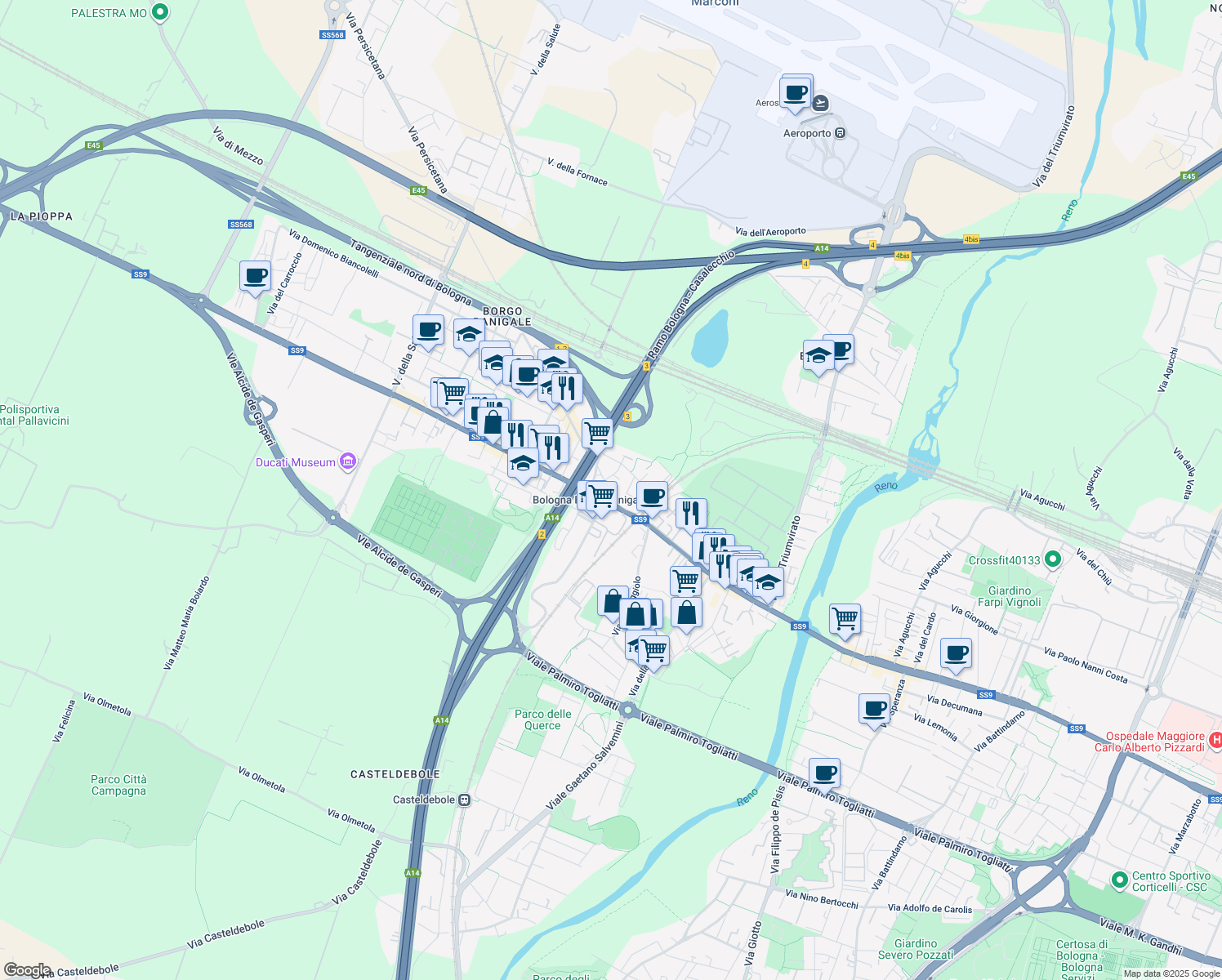 map of restaurants, bars, coffee shops, grocery stores, and more near 3 Via Arnaldo da Brescia in Bologna