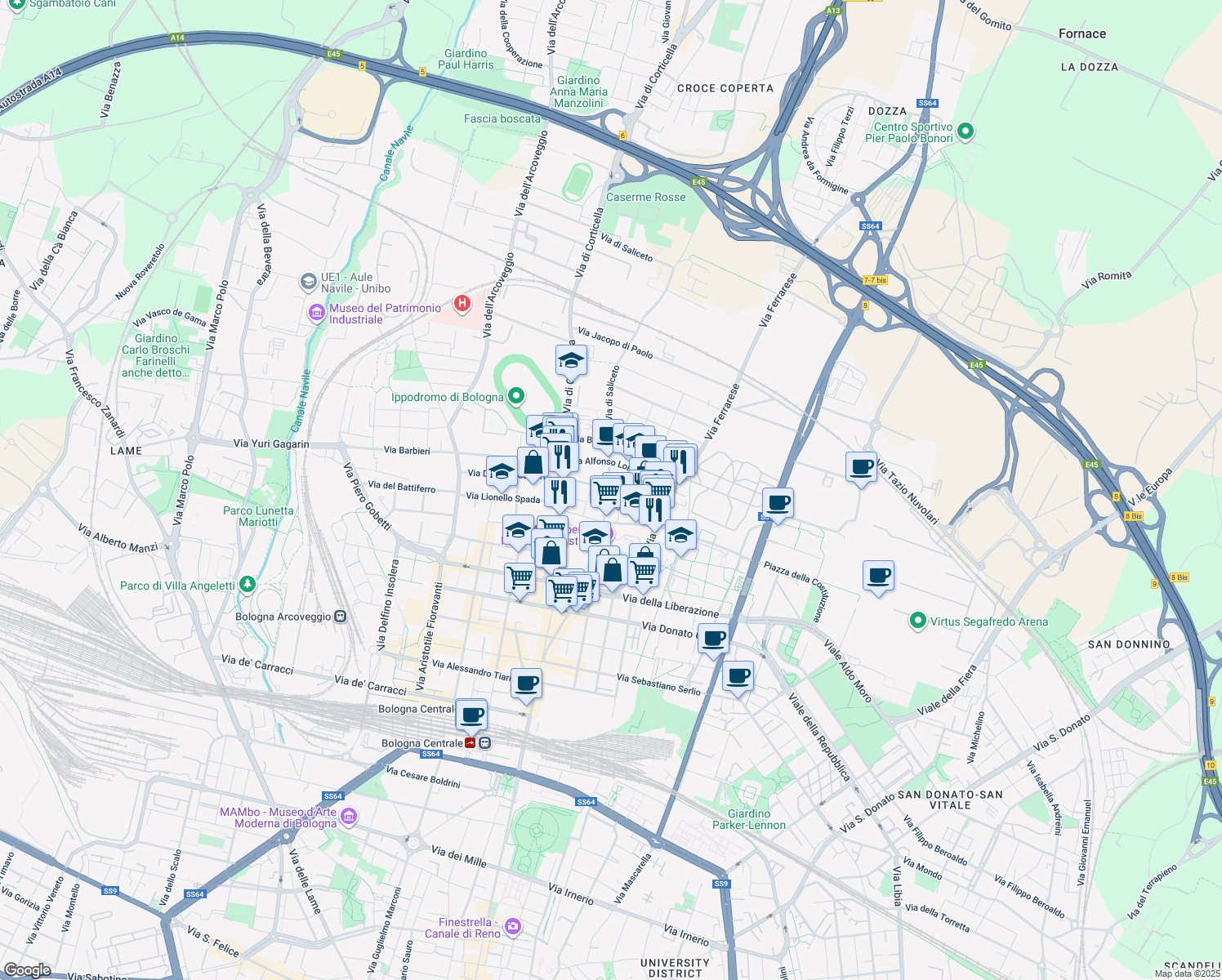 map of restaurants, bars, coffee shops, grocery stores, and more near 21 Via di Saliceto in Bologna