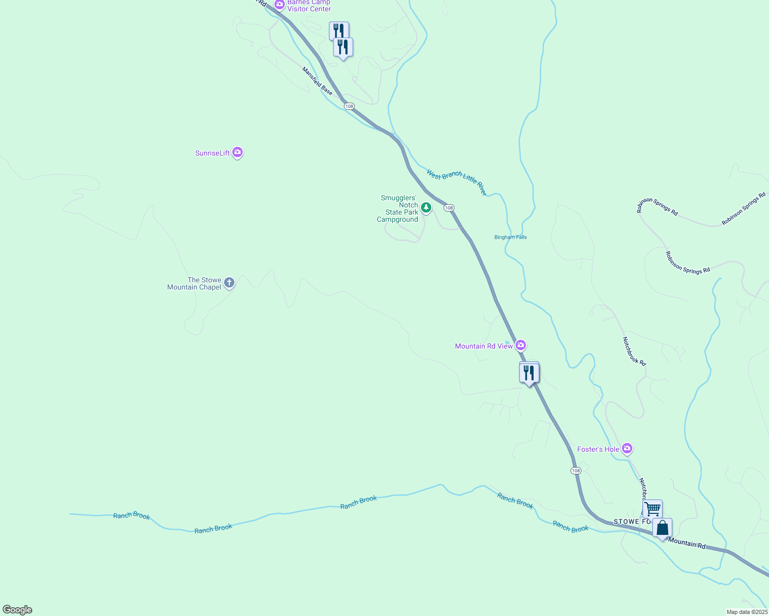 map of restaurants, bars, coffee shops, grocery stores, and more near 478-1526 Toll Road in Stowe