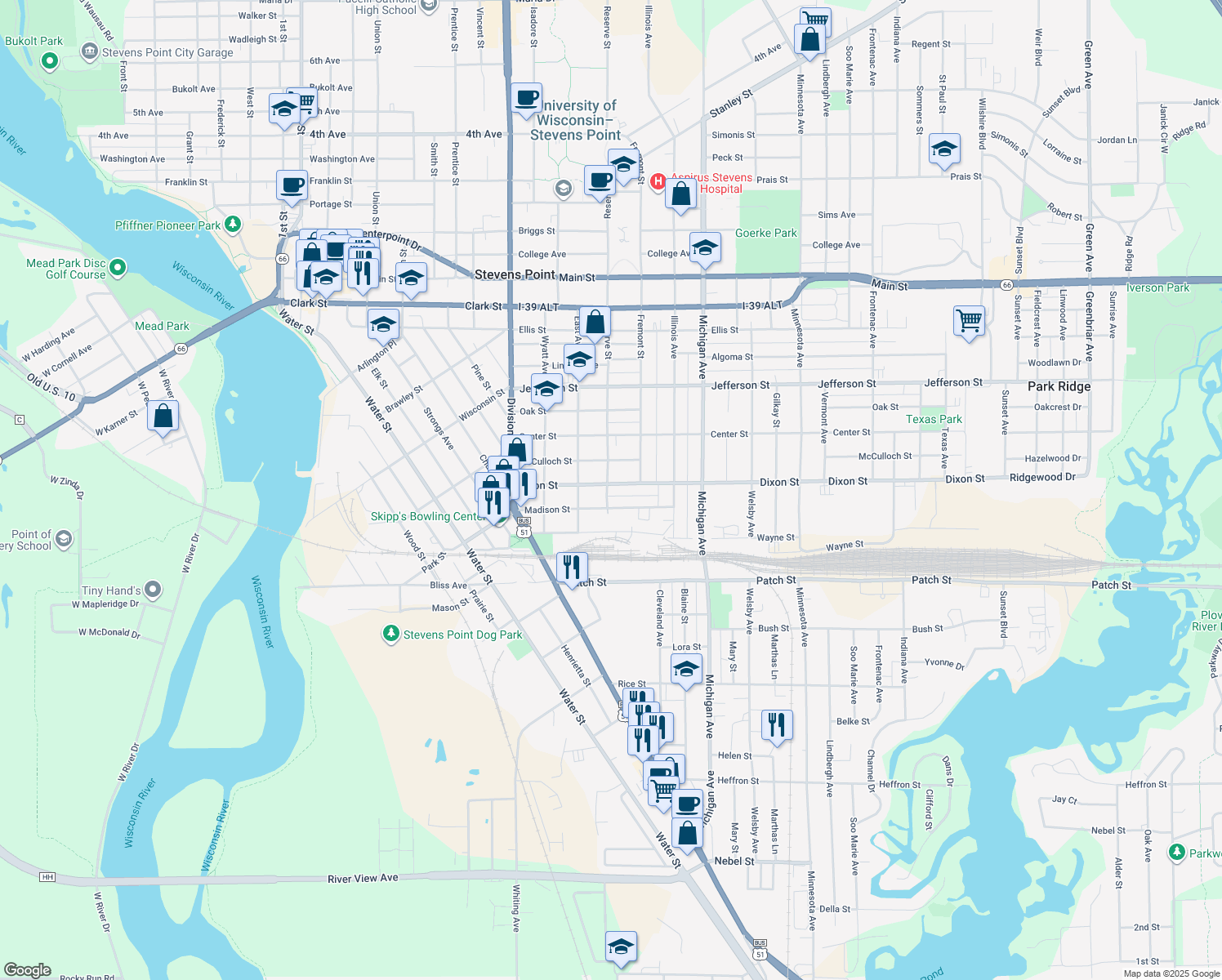 map of restaurants, bars, coffee shops, grocery stores, and more near 2101 Dixon St in Stevens Point