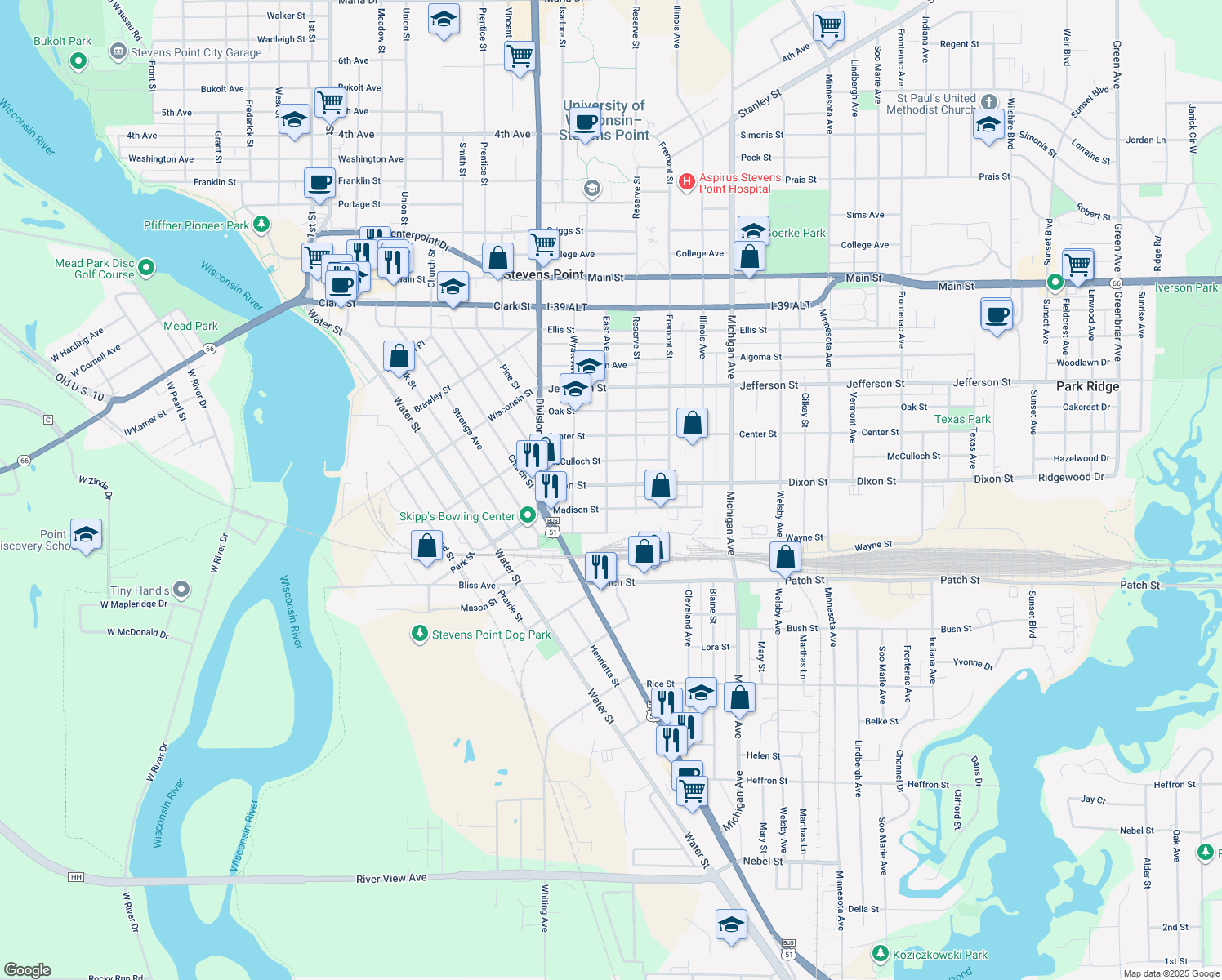 map of restaurants, bars, coffee shops, grocery stores, and more near 2001 Dixon Street in Stevens Point