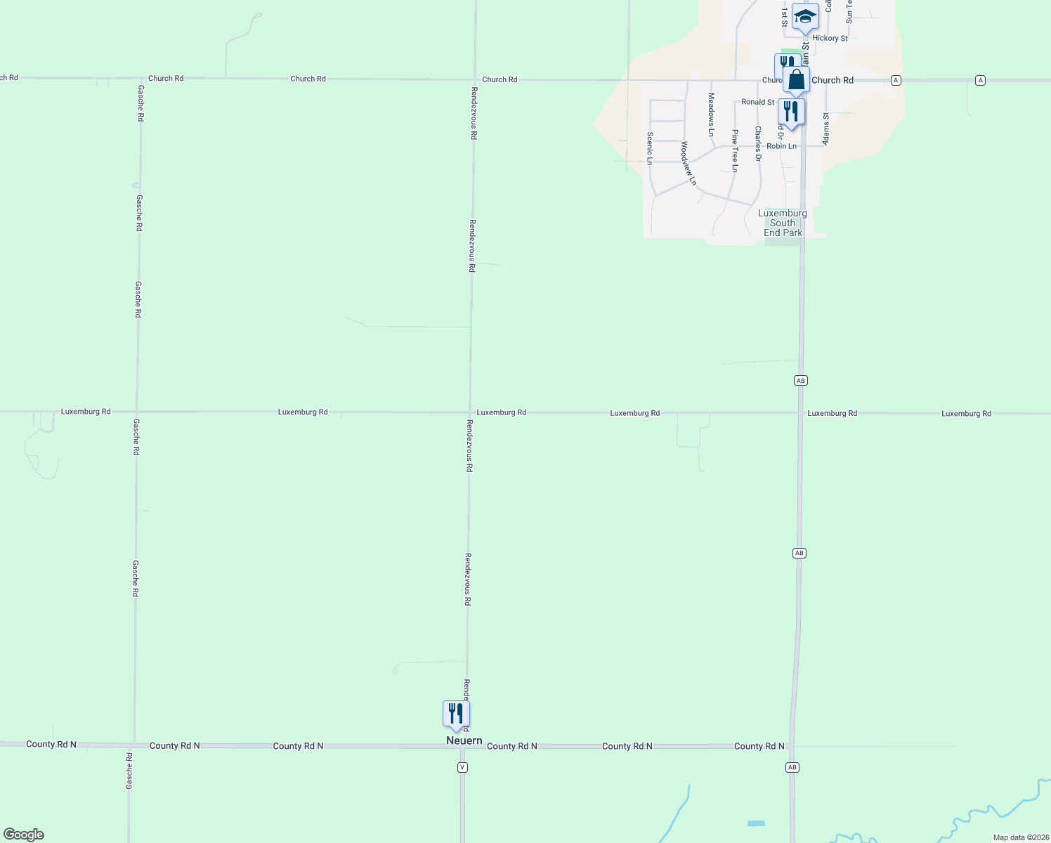 map of restaurants, bars, coffee shops, grocery stores, and more near E957 Luxemburg Road in Luxemburg