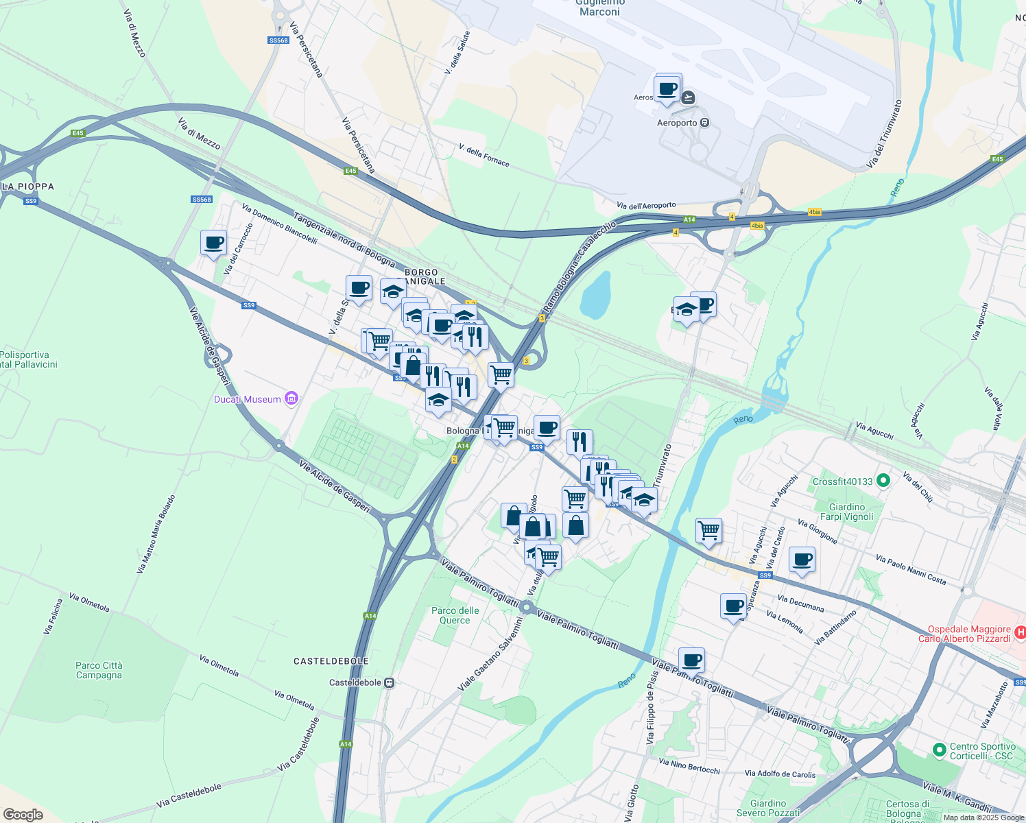 map of restaurants, bars, coffee shops, grocery stores, and more near 3 Via Arnaldo da Brescia in Bologna