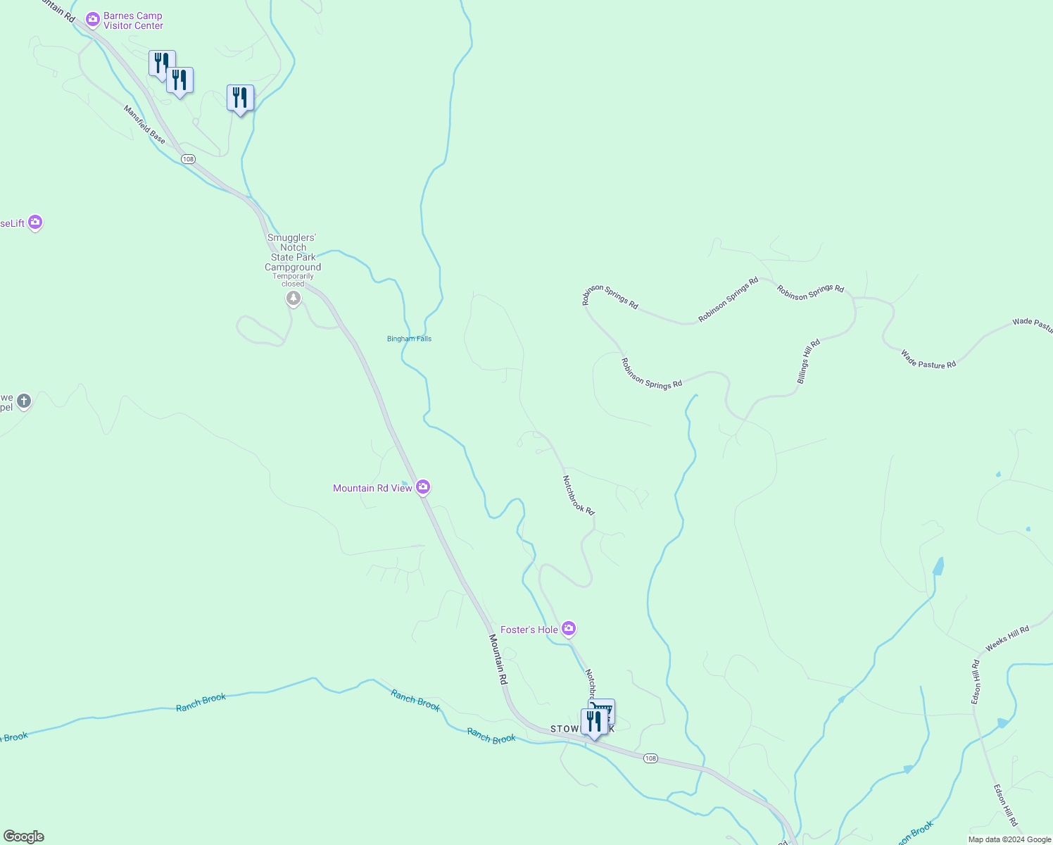 map of restaurants, bars, coffee shops, grocery stores, and more near 1307 Notchbrook Road in Stowe