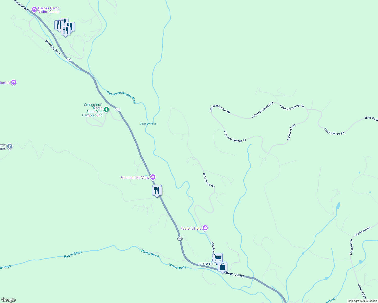 map of restaurants, bars, coffee shops, grocery stores, and more near 1495 Notchbrook Road in Stowe