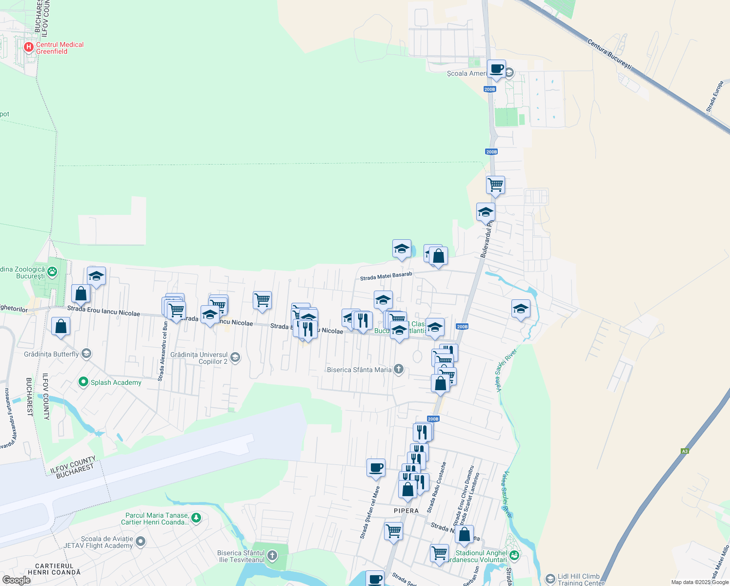 map of restaurants, bars, coffee shops, grocery stores, and more near 45 Strada Matei Basarab in Voluntari