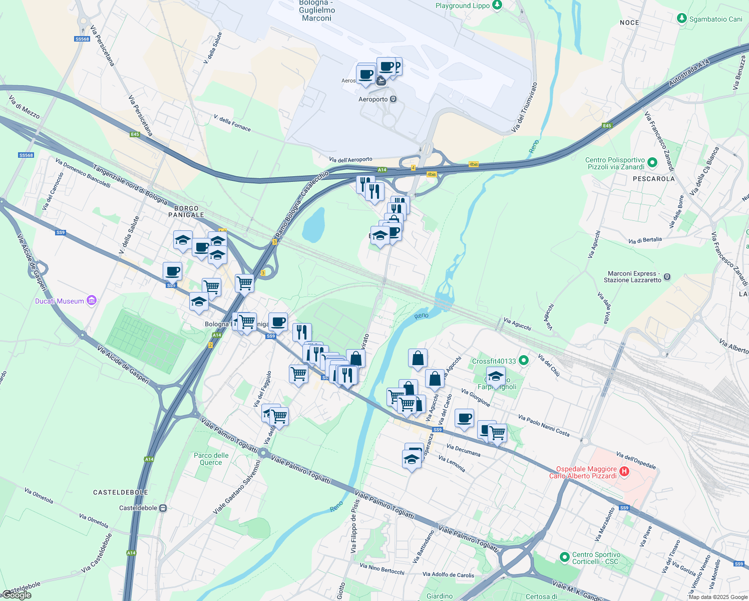 map of restaurants, bars, coffee shops, grocery stores, and more near 403 Via del Triumvirato in Bologna