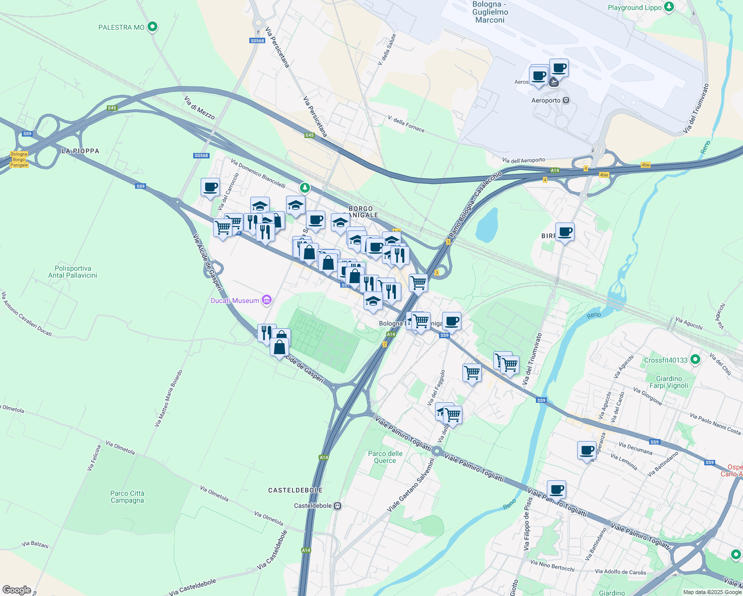 map of restaurants, bars, coffee shops, grocery stores, and more near 26 Via Marco Emilio Lepido in Bologna