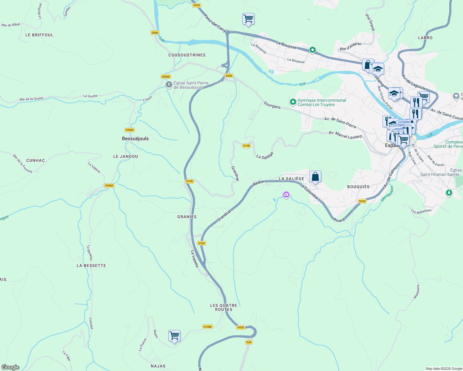 map of restaurants, bars, coffee shops, grocery stores, and more near Grandval in Espalion