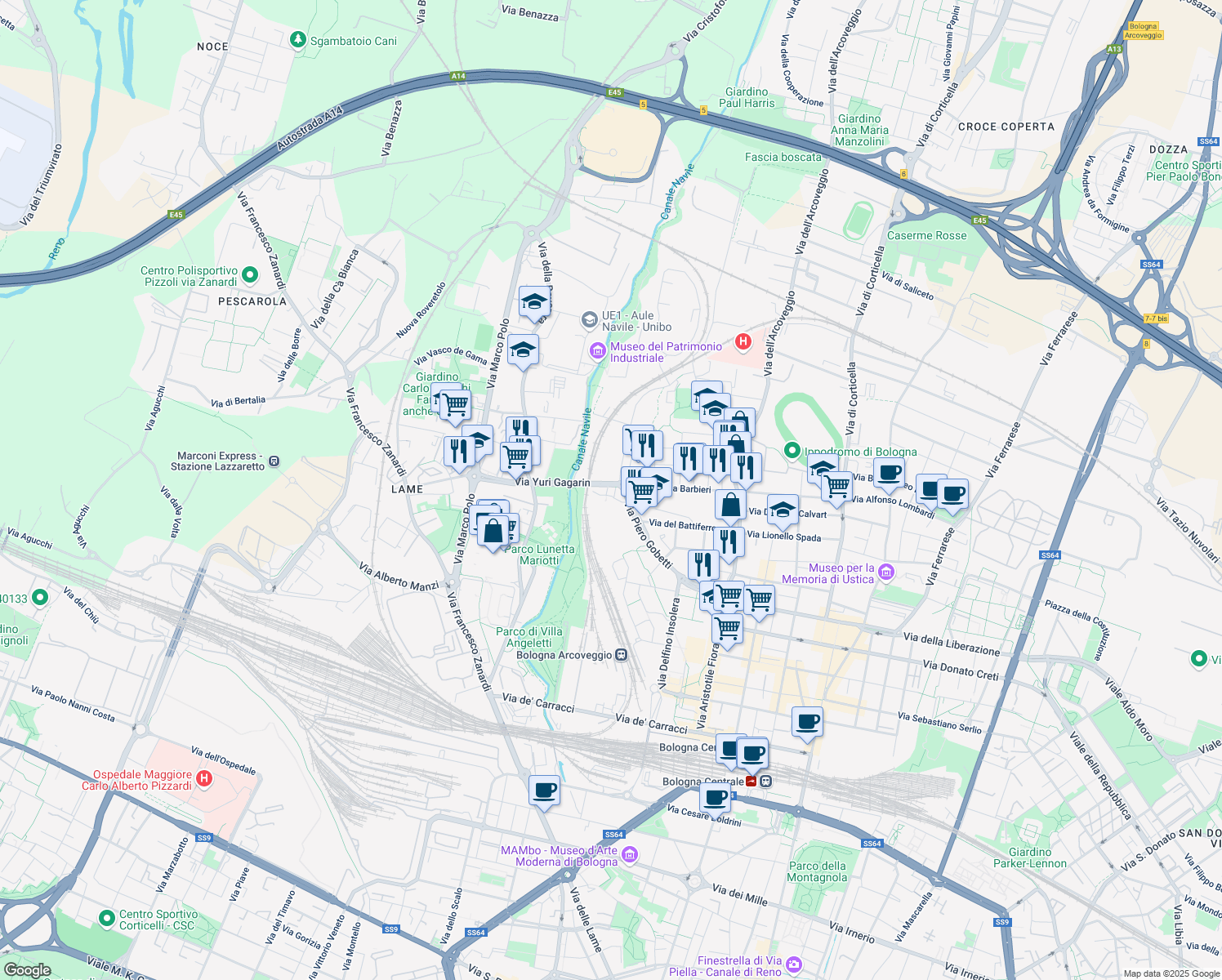 map of restaurants, bars, coffee shops, grocery stores, and more near 29 Via Yuri Gagarin in Bologna
