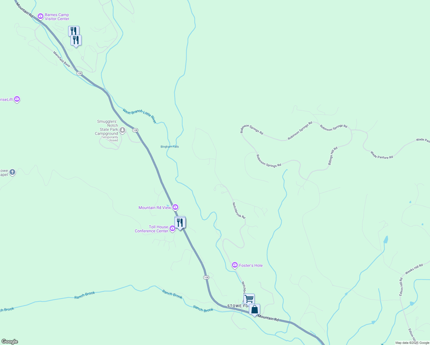 map of restaurants, bars, coffee shops, grocery stores, and more near 1495 Notchbrook Road in Stowe