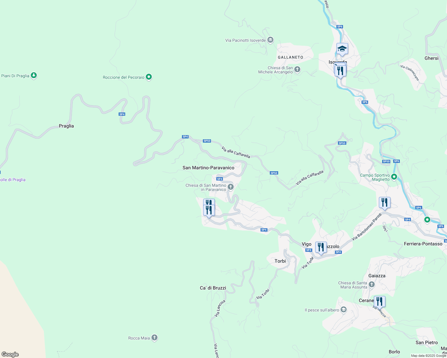 map of restaurants, bars, coffee shops, grocery stores, and more near 95A Via Paravanico in San Martino di Paravanico