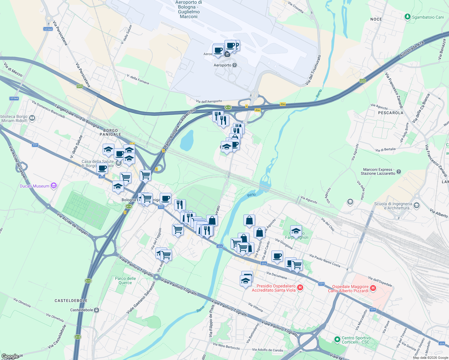 map of restaurants, bars, coffee shops, grocery stores, and more near 22 Via del Triumvirato in Bologna