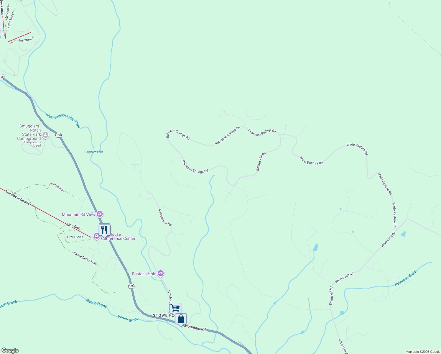 map of restaurants, bars, coffee shops, grocery stores, and more near 1043 Robinson Springs Road in Stowe