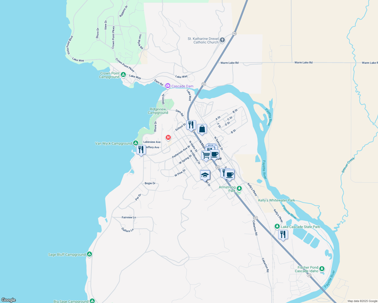 map of restaurants, bars, coffee shops, grocery stores, and more near 306 North School Street in Cascade