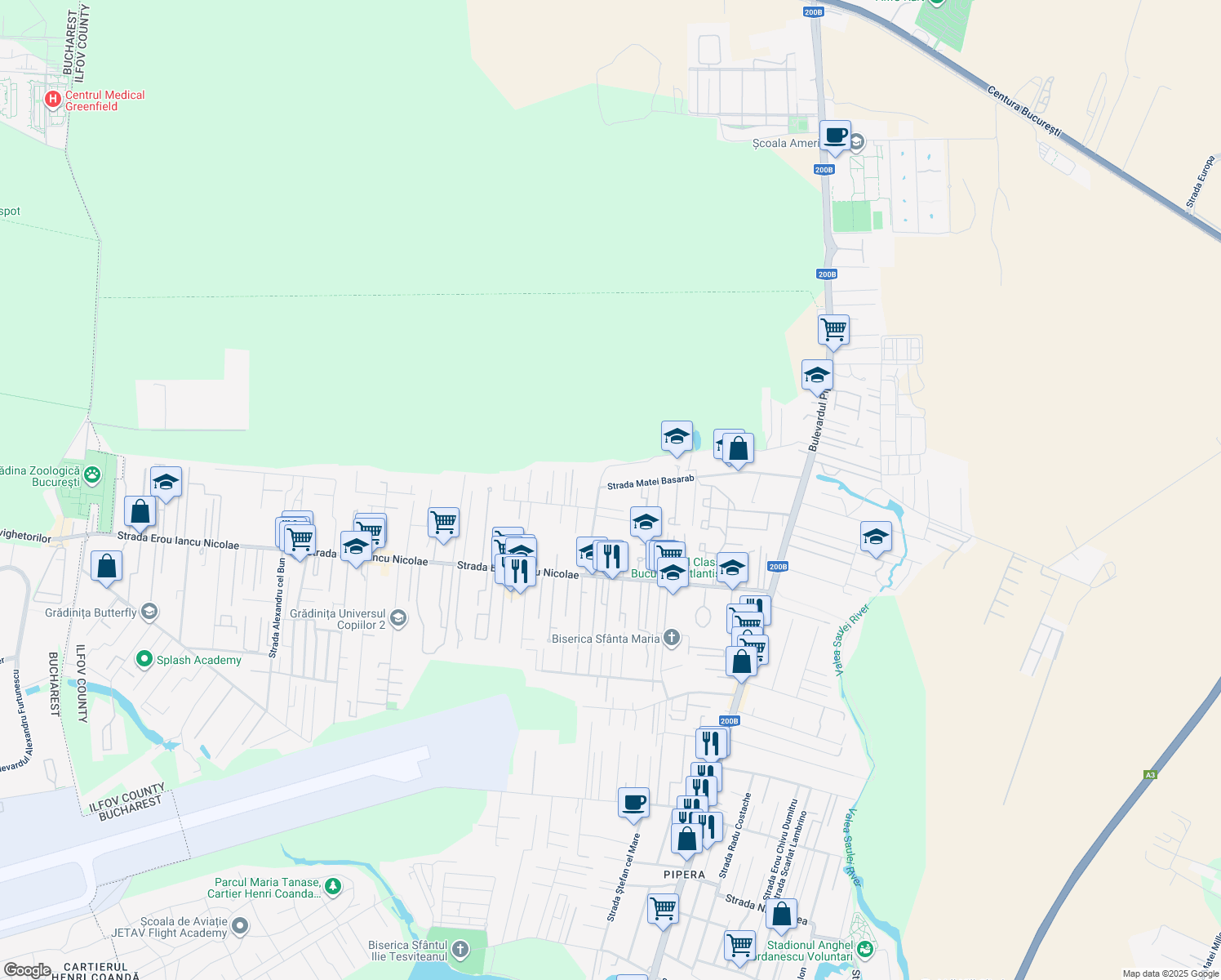 map of restaurants, bars, coffee shops, grocery stores, and more near 45 Strada Matei Basarab in Voluntari