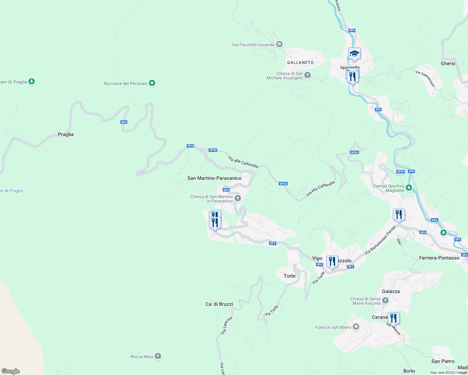 map of restaurants, bars, coffee shops, grocery stores, and more near 95A Via Paravanico in San Martino di Paravanico