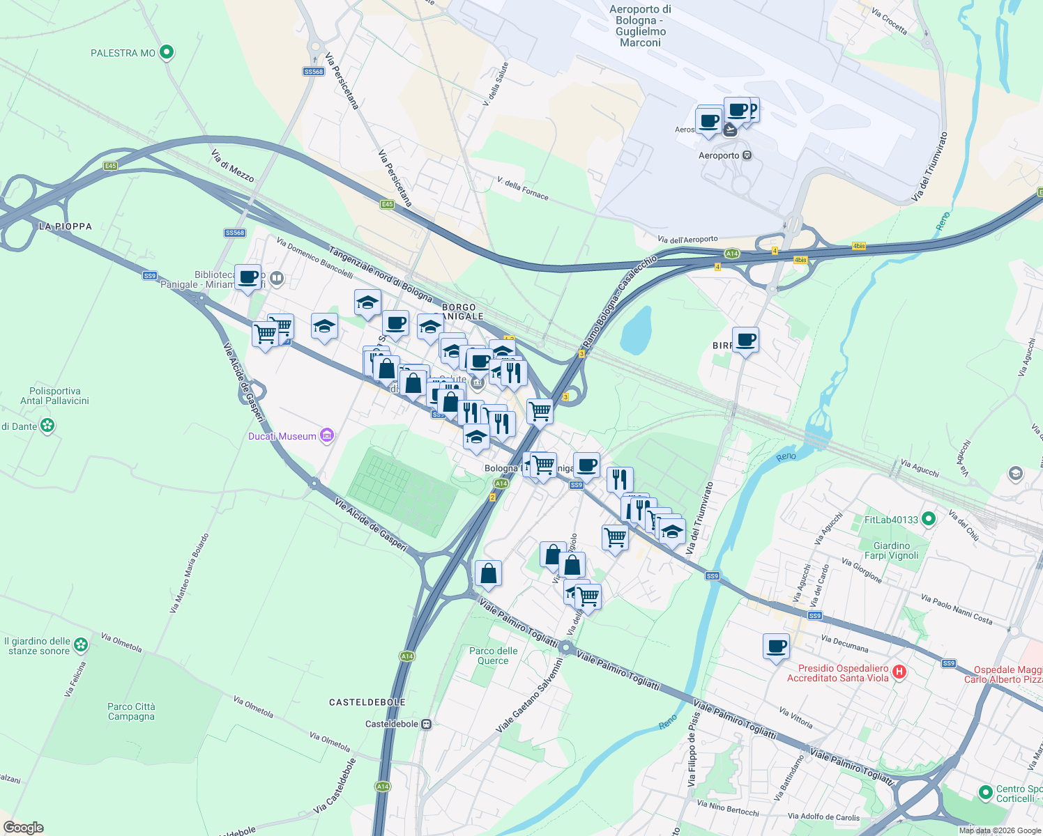 map of restaurants, bars, coffee shops, grocery stores, and more near 23 Via Marco Emilio Lepido in Bologna