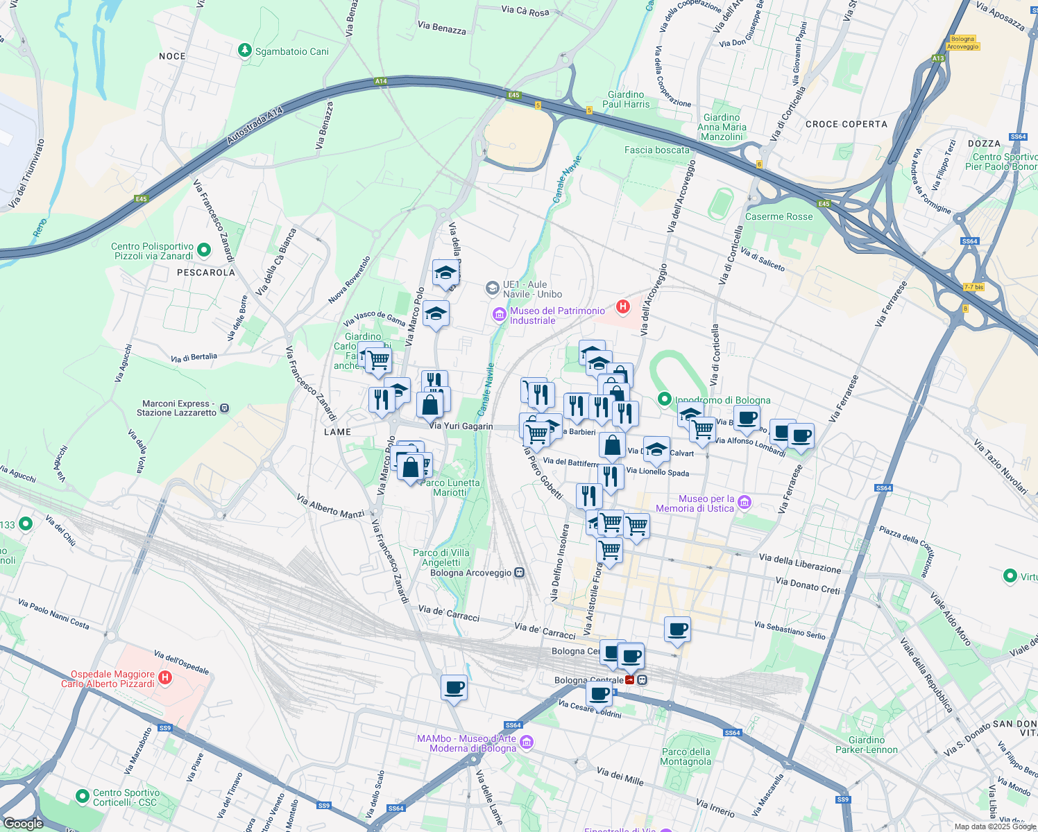 map of restaurants, bars, coffee shops, grocery stores, and more near 29 Via Yuri Gagarin in Bologna