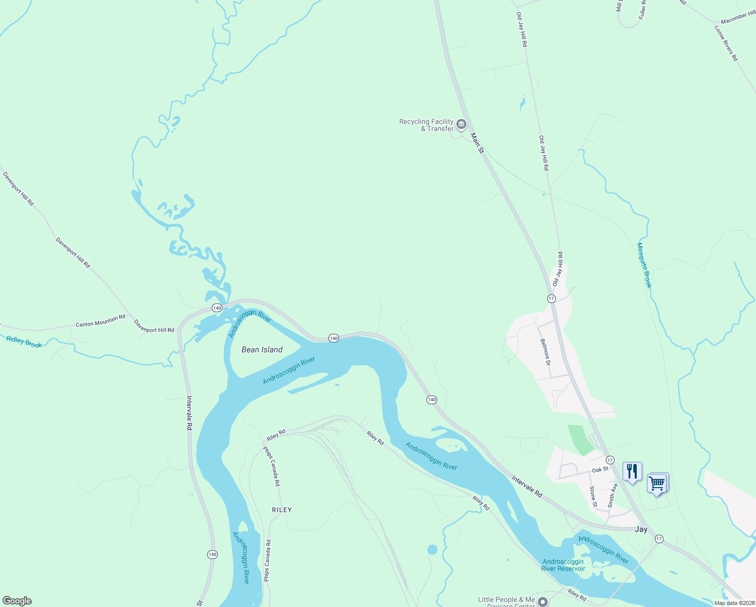 map of restaurants, bars, coffee shops, grocery stores, and more near 299 Intervale Road in Jay