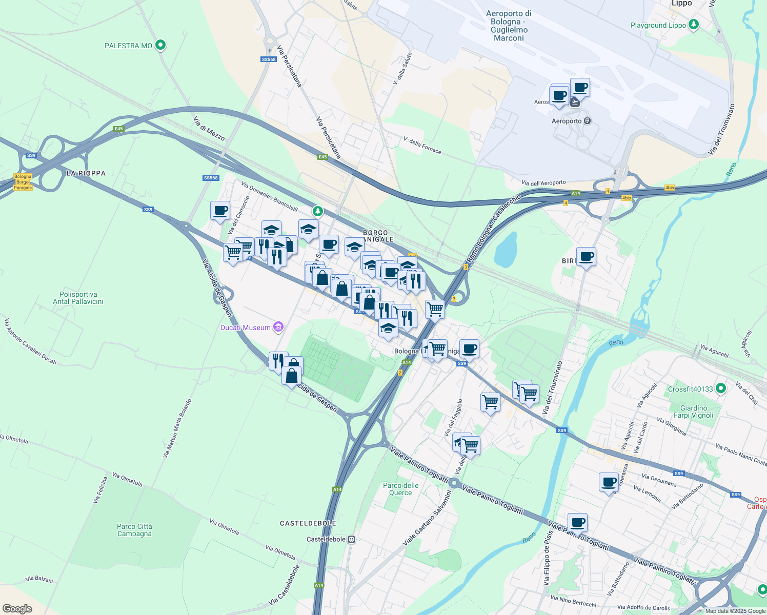 map of restaurants, bars, coffee shops, grocery stores, and more near 16-26 Via Marco Emilio Lepido in Bologna