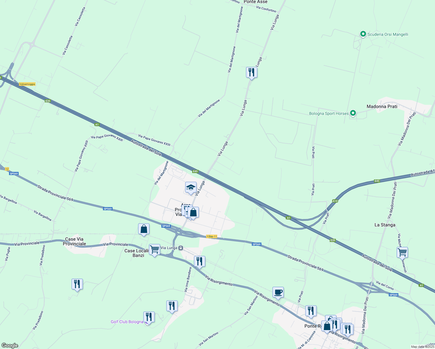 map of restaurants, bars, coffee shops, grocery stores, and more near 5 Via Lunga in Crespellano