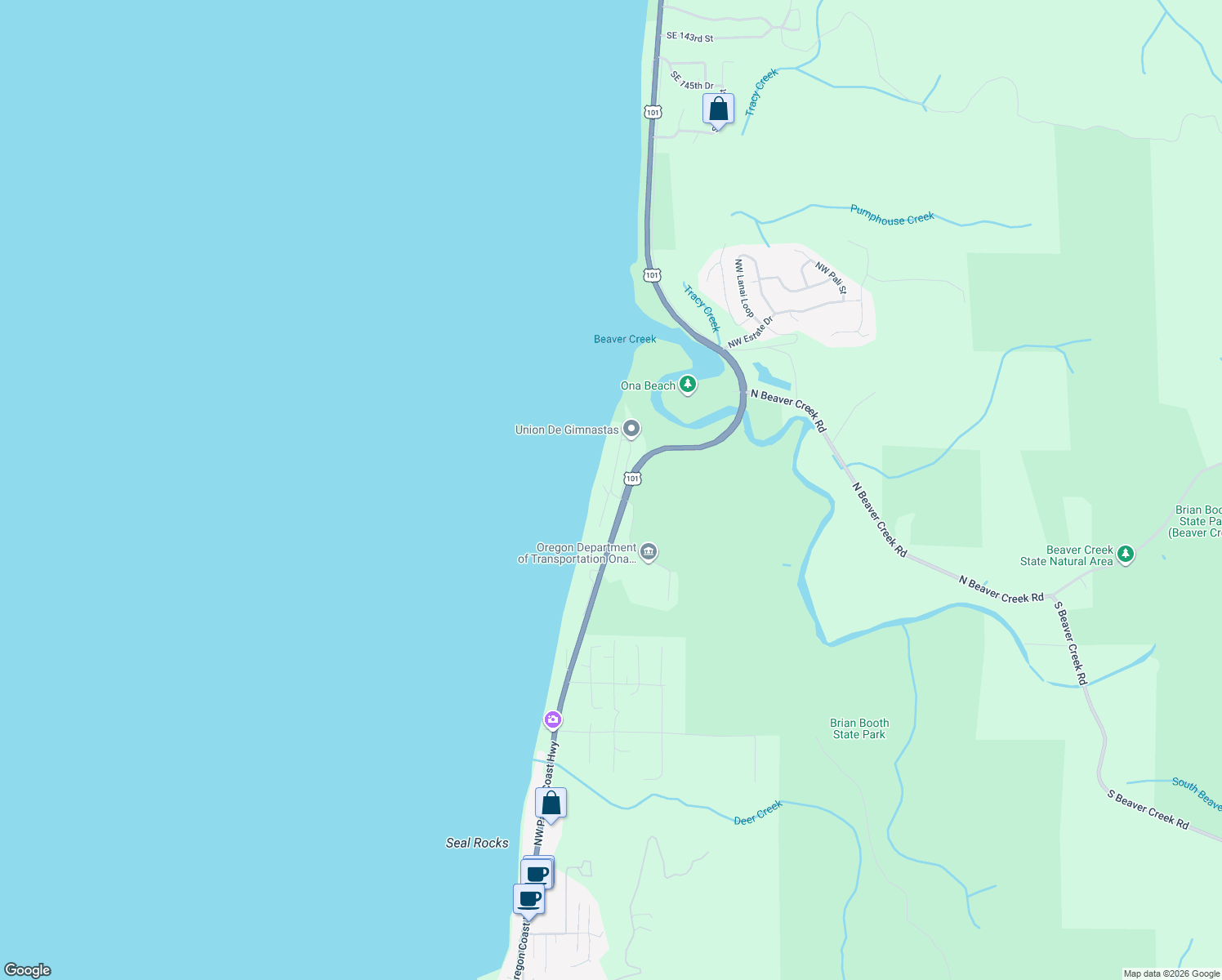 map of restaurants, bars, coffee shops, grocery stores, and more near 12799 Northwest Raspberry Lane in Seal Rock