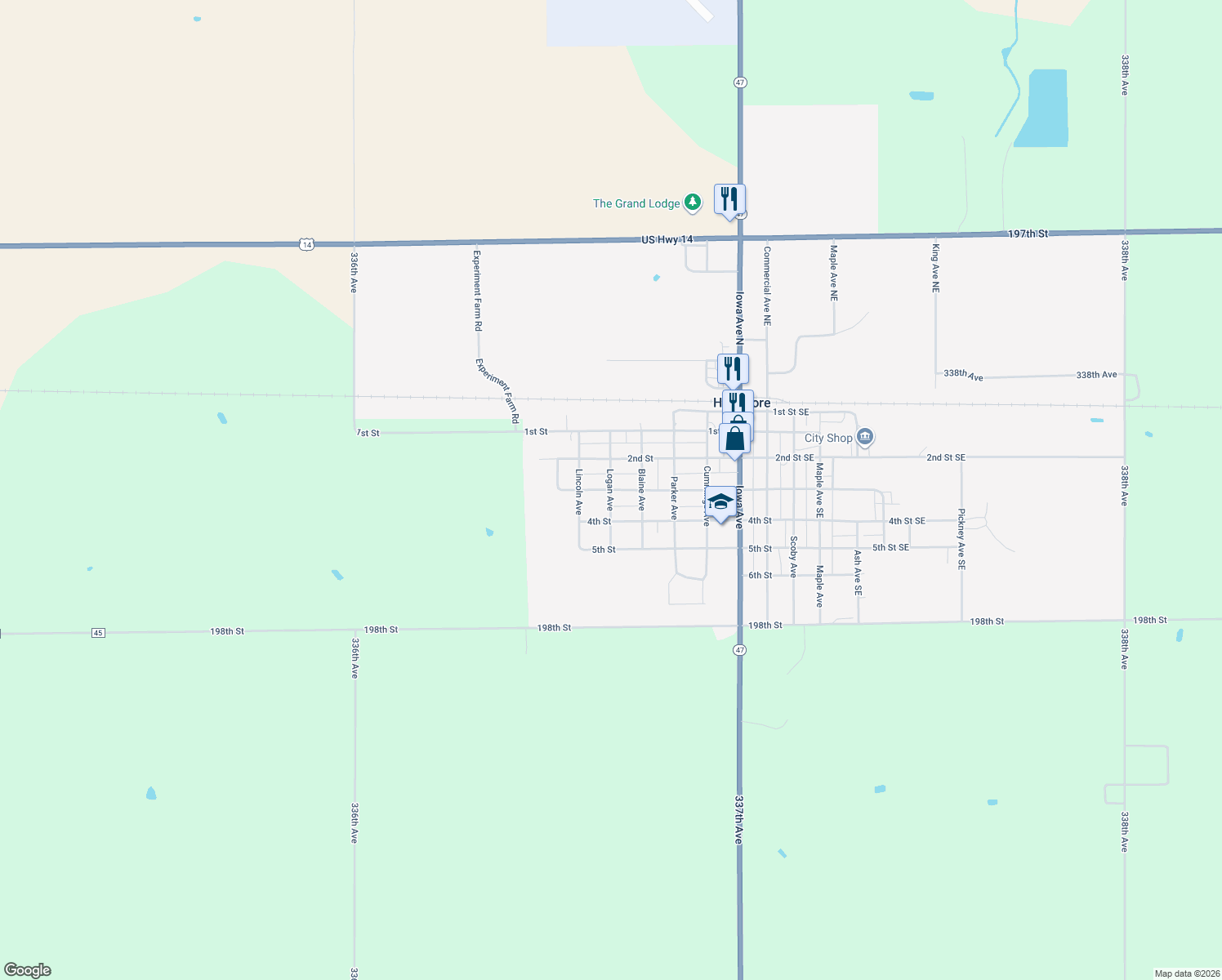 map of restaurants, bars, coffee shops, grocery stores, and more near Logan Ave in Highmore