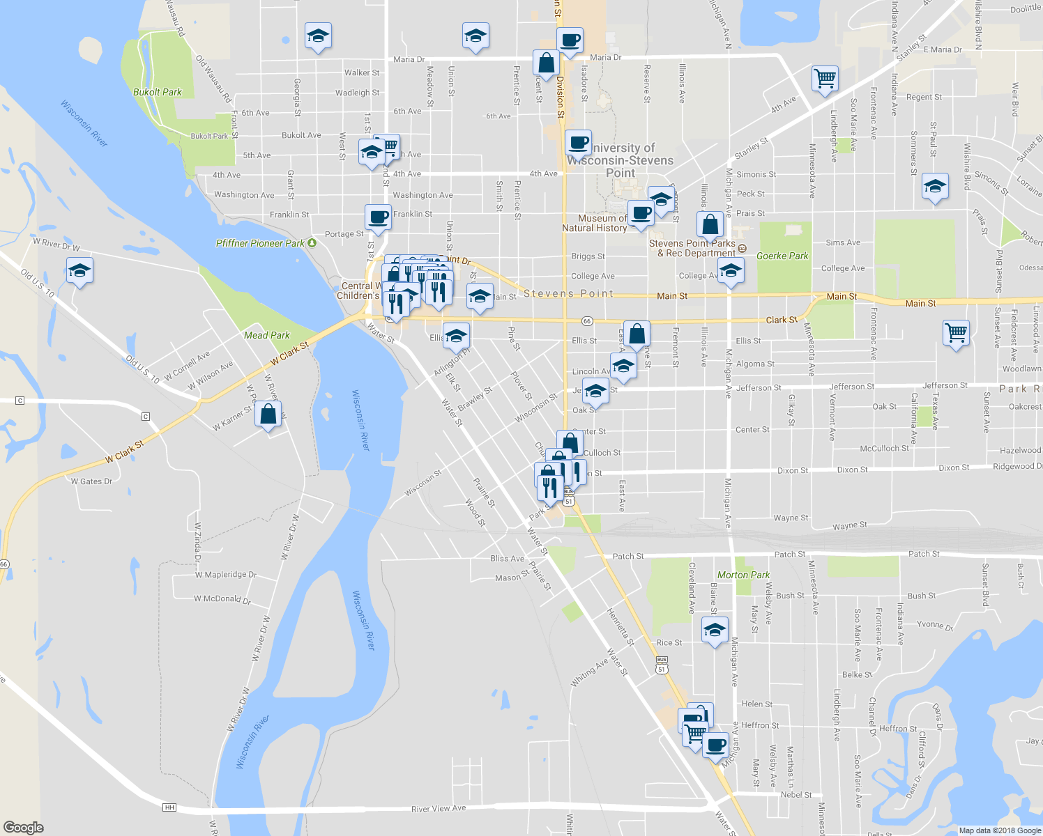map of restaurants, bars, coffee shops, grocery stores, and more near 1300 Wisconsin Street in Stevens Point