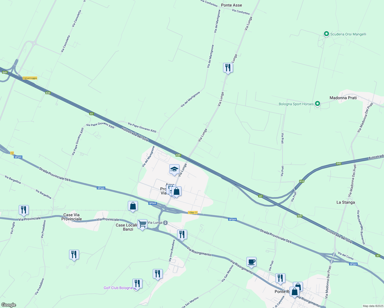 map of restaurants, bars, coffee shops, grocery stores, and more near 5 Via Lunga in Città Metropolitana di Bologna